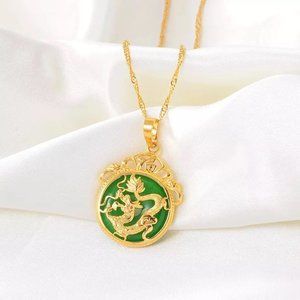 Green Jade Stone Dragon Pendant Necklace Amulet Protection Necklace